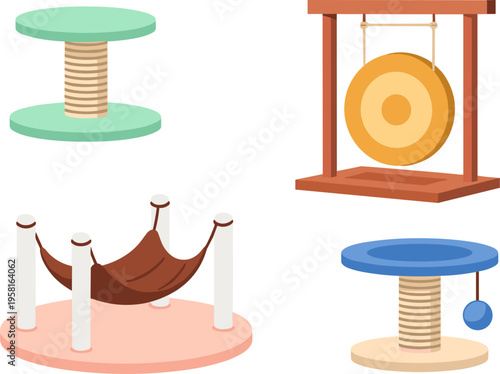 Cat Furniture and Play Equipment Set with Scratching Post Hammock Tower and Hanging Gong Toy for Pet Care, Animal Activity, and Indoor Entertainment Design