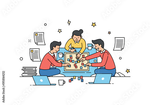 Small creative team playing a board game during a break with papers and laptops around, highlighting teamwork, fun, and recharging energy. Minimalist flat