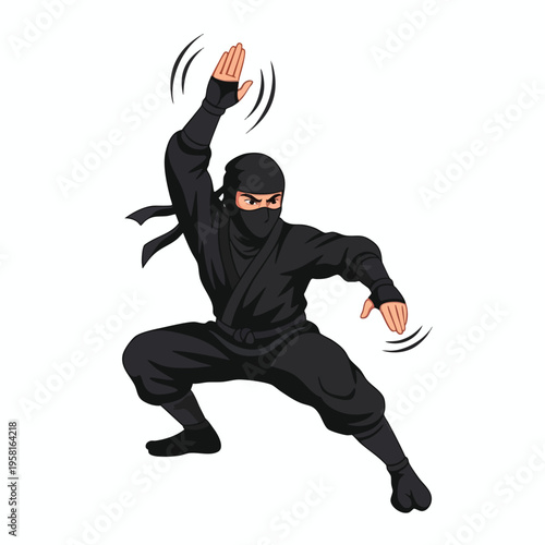 A black-clad martial artist in a low stance, raising one hand