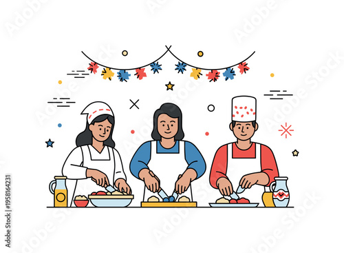 People preparing traditional food together in a festive kitchen setting, illustrating cultural heritage, shared rituals, and celebration of culinary customs.