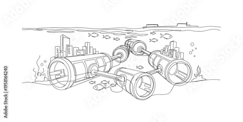 Underwater Tunnel Network. Minimalistic one-line drawing submerged transportation tunnels connecting underwater city modules with fish swimming around,