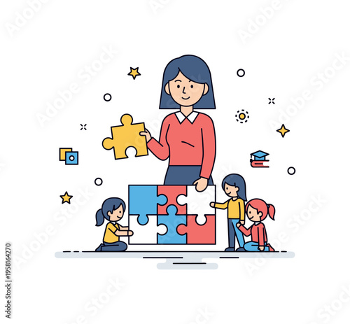 Learning through puzzles concept showing a teacher holding a puzzle piece while students assemble a simple puzzle board together. The illustration expresses