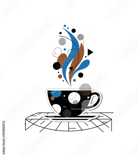 cup of coffee on geometric table with abstract steam abstract circles lines and geometric shapes representing cafe culture black and white retro cup object