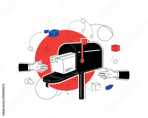 retro style mailbox with a package partially inside and hands reaching to take it, black and white cut-out objects with white contour outline, large red circle