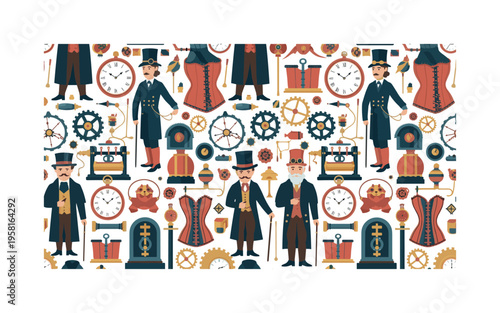 historical steampunk design seamless pattern, Victorian inventors, clocks, gears, pocket watches, corsets, top hats and steam machinery arranged in a repeating