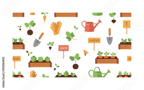 home garden motifs seamless pattern, vegetable seedlings, trowels, watering cans, gloves, garden markers, raised beds and vegetables arranged in a repeating