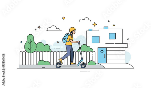 Person riding a scooter with backpack and helmet on a residential sidewalk, showing active commuting, fun, and everyday urban activity. Minimalist flat vector