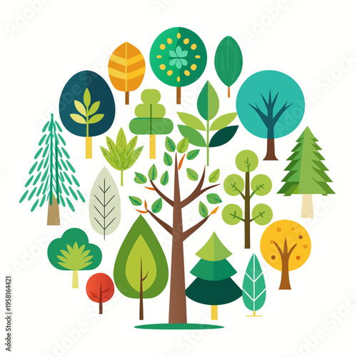 Vector Illustration Of Various Tree Types In A Circle