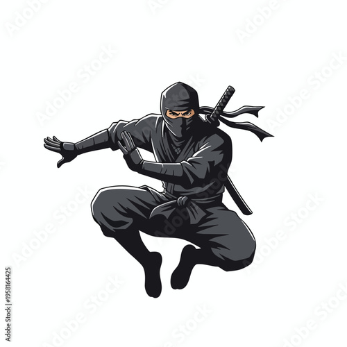 Fierce warrior in black garb crouches, sword drawn, eyes intent on target
