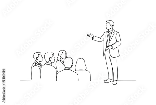 Community Justice Speech. Minimalistic one-line drawing person addressing a small crowd symbolizing speaking up for social justice, continuous single black