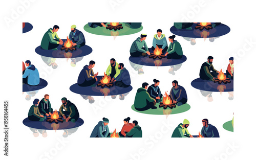 campfire reflection and group bonding seamless pattern, repeating pattern, surface design, textile print, modern illustration of small groups sitting around