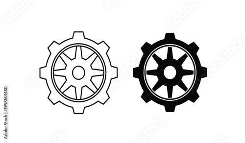 Silhouette of two gear icons in black and white on a plain background