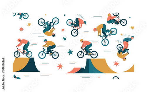 extreme BMX stunt display seamless pattern, cyclists performing flips, spins and jumps over ramps with helmets, motion lines and stars arranged in a repeating