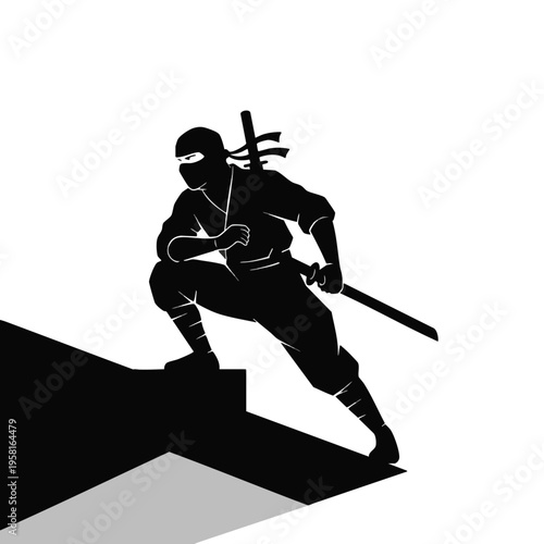 Black silhouette of a ninja in a stealthy crouch, holding a sword
