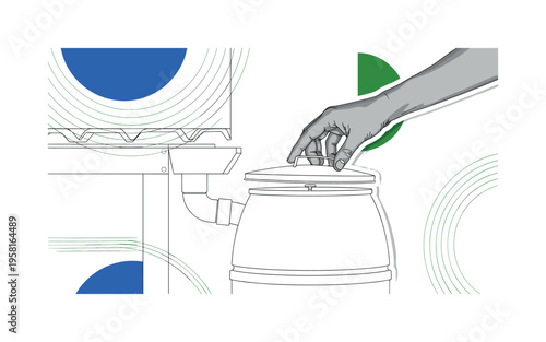 monochrome hand placing lid on rainwater barrel connected to roof downspout, white outline cut-out effect, abstract semicircles and thin structural lines