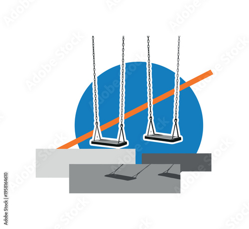 Minimalist collage of two empty swings moving slightly, black-and-white realistic cut-outs with white contour outline, bold blue circle backdrop and orange