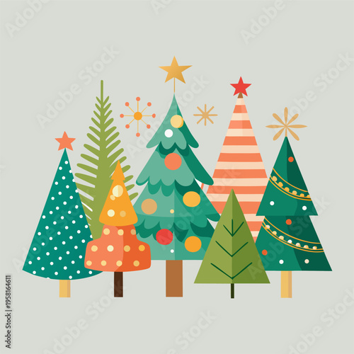 Stylized Christmas Trees In Festive Colors Illustration