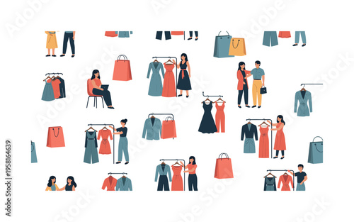 Personal Shopping Experience. Minimalistic one-line drawing shopper walking with stylist carrying bags and choosing clothing items, continuous single black