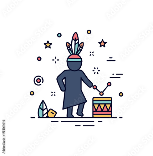 Indigenous cultural ceremony concept showing a central dancer silhouette with subtle feathered headdress shape and small drum element, symbolizing respect for