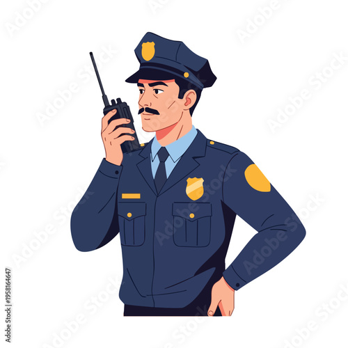 Male officer in uniform, holding a radio, with a mustache and serious expression