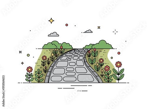 Decorative stone garden path curved stone walkway passing gently through a small garden while plants and flowers grow neatly along both sides creating a