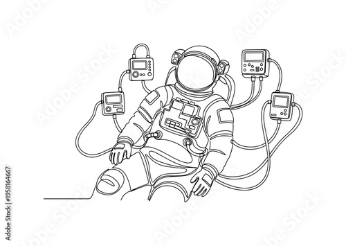 Human Body Effects in Space. Minimalistic one-line drawing astronaut connected to monitoring devices studying physiological impact of cosmic radiation,