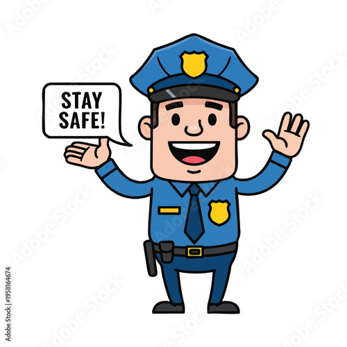 Friendly cartoon policeman in uniform waving and saying "Stay Safe!