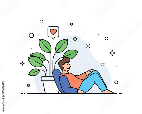Indoor plant happiness cheerful person relaxing beside a leafy plant with a small heart icon above the leaves suggesting emotional comfort and connection with