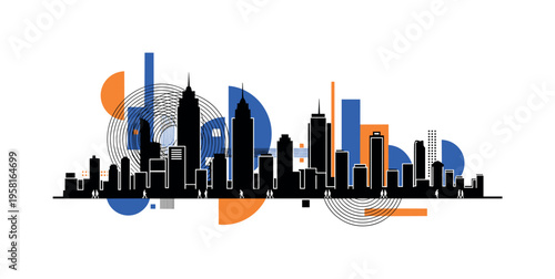 city buildings skyline with small walking figures abstract semicircles lines and geometric blocks symbolizing busy city life black and white retro building