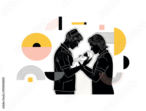 nurse holding newborn for parent abstract semicircles lines and geometric blocks symbolizing professional support in maternity care black and white retro human