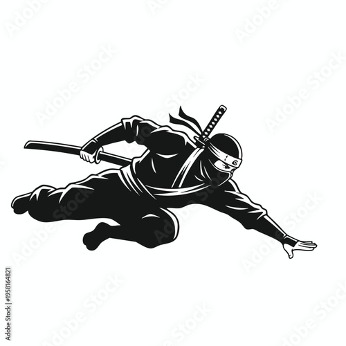 A black and white illustration of a dynamic ninja leaping with a sword
