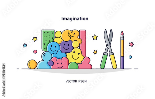 Playful foam art design bright foam shapes forming a cheerful decorative pattern beside simple crafting tools. Concept highlighting imagination and colorful