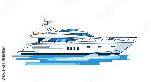 A white luxury yacht with blue windows sails on stylized blue water against a clean white background.