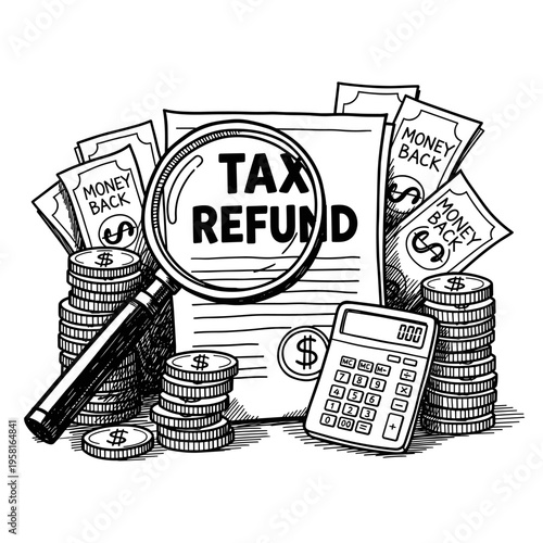 Tax Refund Concept Illustration with Magnifying Glass, Coins, Cash and Calculator, Financial Audit and Money Back Hand Drawn Vector