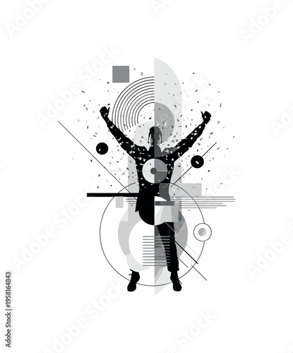 champion with confetti falling, geometric circles lines and abstract blocks emphasizing celebration and climax, black and white retro realistic figure layered