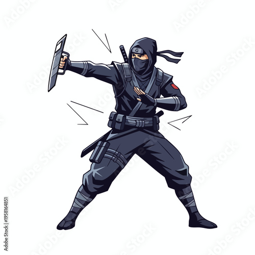 A ninja in a black suit holding a shield, sword on back