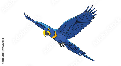 A vibrant blue macaw parrot is flying with its wings fully extended, viewed from a dynamic side angle on a white background.