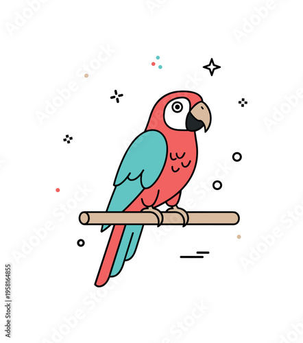 Parrot with slightly tilted head standing confidently on a perch bar, expressing curiosity and friendly interaction. The compact editorial concept emphasizes