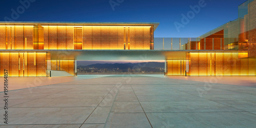 3d rendering modern building facade with illuminated glass walls at twilight