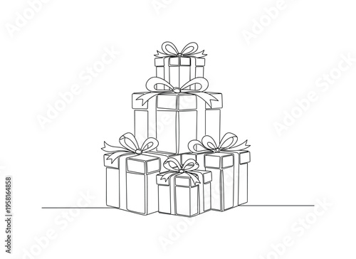 Stacked Presents. Minimalistic one-line drawing multiple gift boxes stacked on top of each other with ribbons, continuous single black line on white