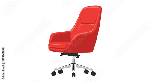 A modern red office chair with a high curved back and armrests is positioned at an angle on a white background.