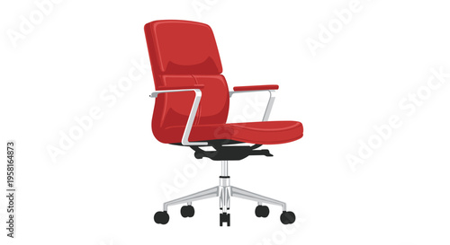 A contemporary red office chair with a segmented low back and silver armrests is shown on a white background.