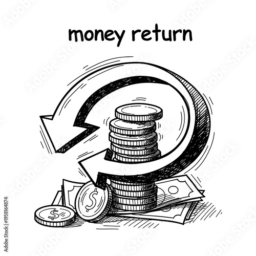 Money Return Concept Illustration, Tax Refund and Financial Circulation with Coins, Cash and Circular Arrows Hand Drawn Vector Style