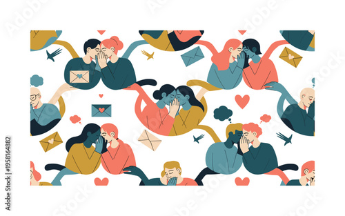 emotional sharing seamless pattern, people leaning close, whispering, envelopes, hearts, thought bubbles and gentle gestures arranged in a repeating pattern,