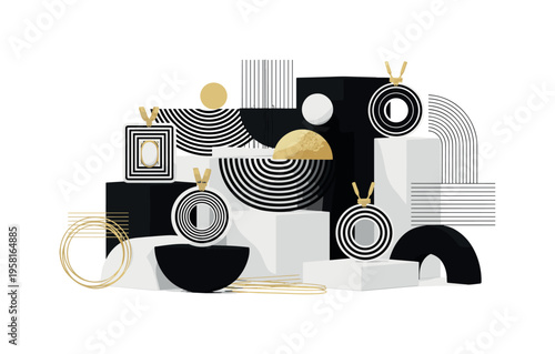 designer jewelry displayed on geometric blocks abstract semicircles lines and geometric blocks symbolizing exclusive collection black and white retro jewelry