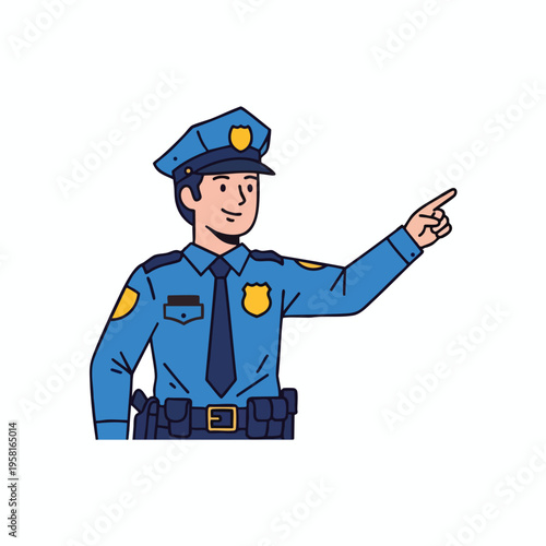 Animated policeman in uniform, pointing right with a friendly expression