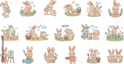 Cute easter bunny family scenes collection with eggs baskets spring flowers and adorable rabbit cartoon vector illustration set