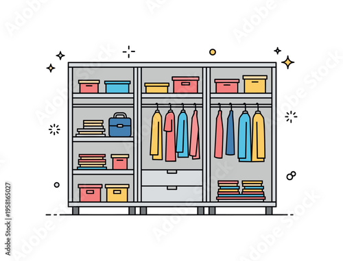 Home storage closet system wardrobe cabinet with multiple compartments including shelves, hanging rods, and a small drawer forming a complete clothing storage