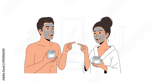 A man and woman with grey face masks stand in a bathroom, holding jars and pointing at each other.