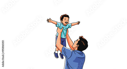 A smiling father is joyfully lifting his young son high into the air with outstretched arms.